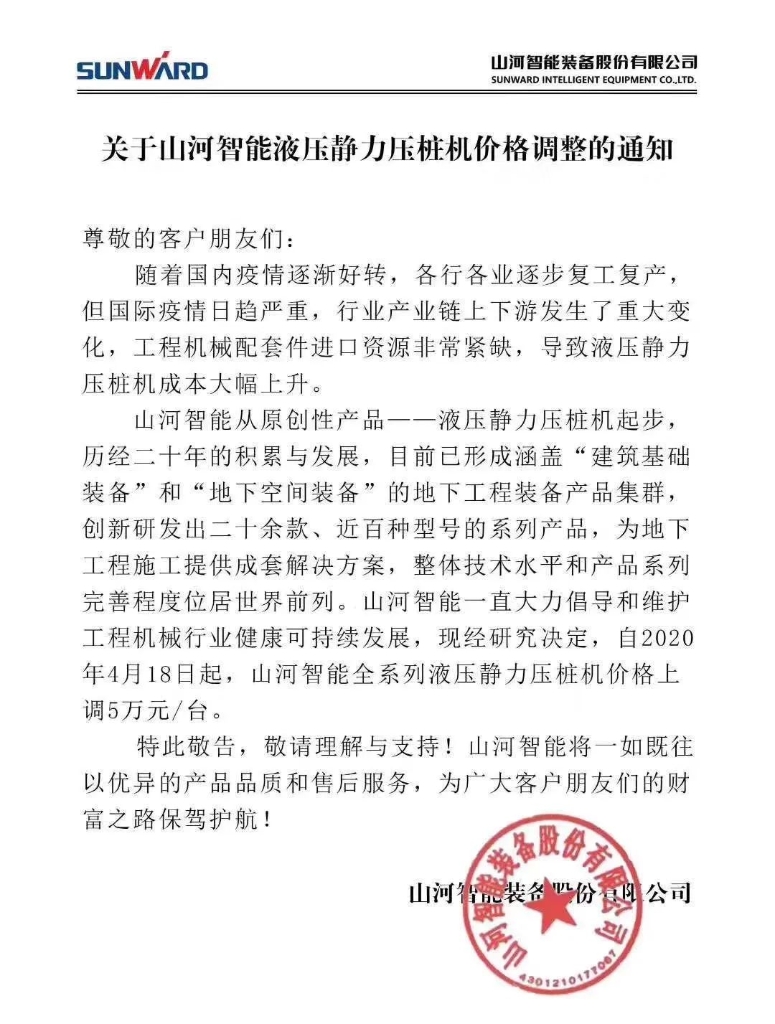 关于米兰体育·米兰(中国)智能液压静力压桩机价格调整的通知