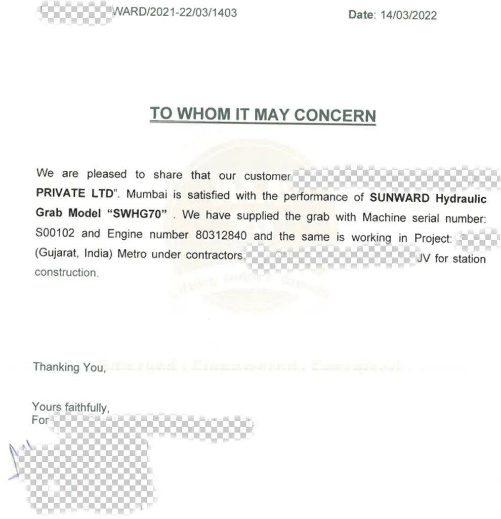 感谢信!米兰体育·米兰(中国)智能SWHG70液压抓斗助力海外基础施工获肯定